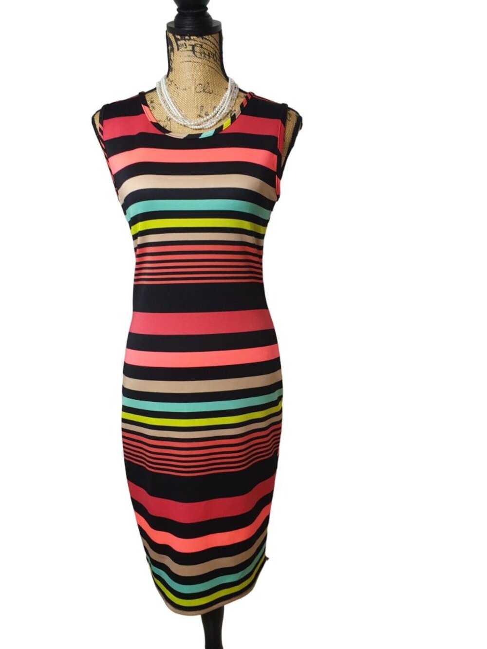 Womens L Sleeveless Bodycon Dress Striped Zip Midi Office Club Evening Glam PINC